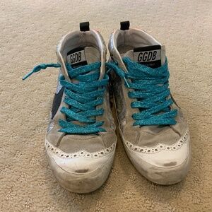 Golden Goose Gray and White Sneakers with Blue Laces